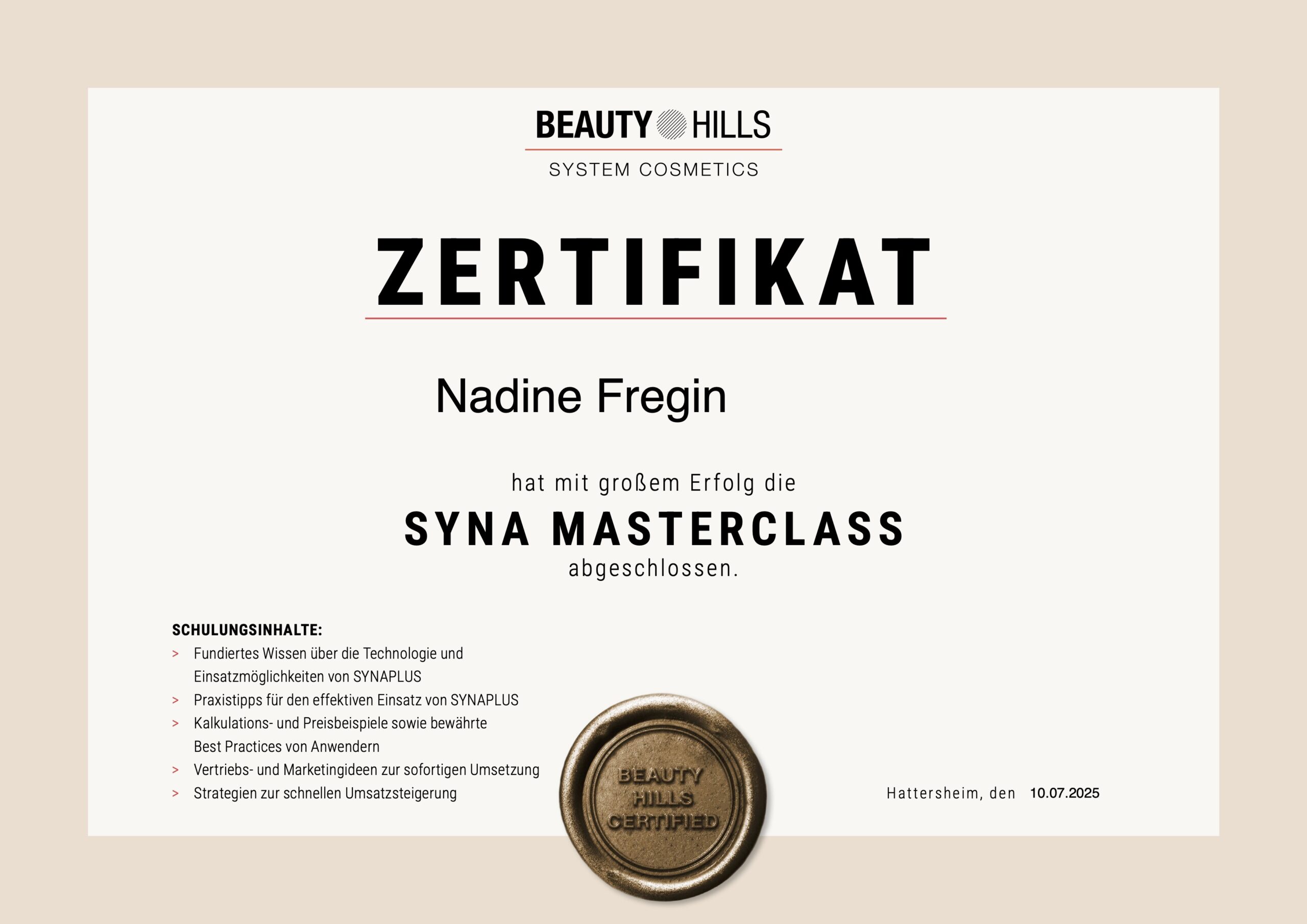 Zertifikat für SYNA Masterclass