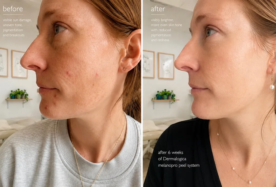 Sonnenschäden, ungleichmäßiger Teint und Rötungen vor und nach dem MelanoPro Peel System